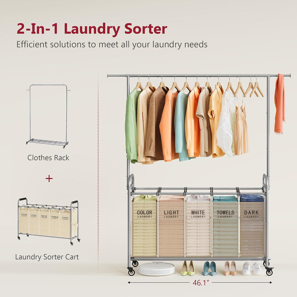 Tajsoon Laundry Cart with Hanging Rack, 65 Gal. Large Laundry Hamper, Beige