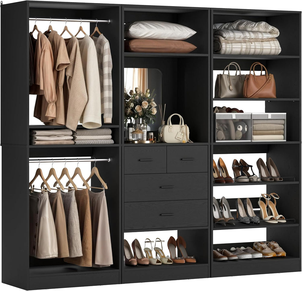 Unikito 75” Closet System with Drawers, 6.2FT Wood Closet Organizer with Hang...