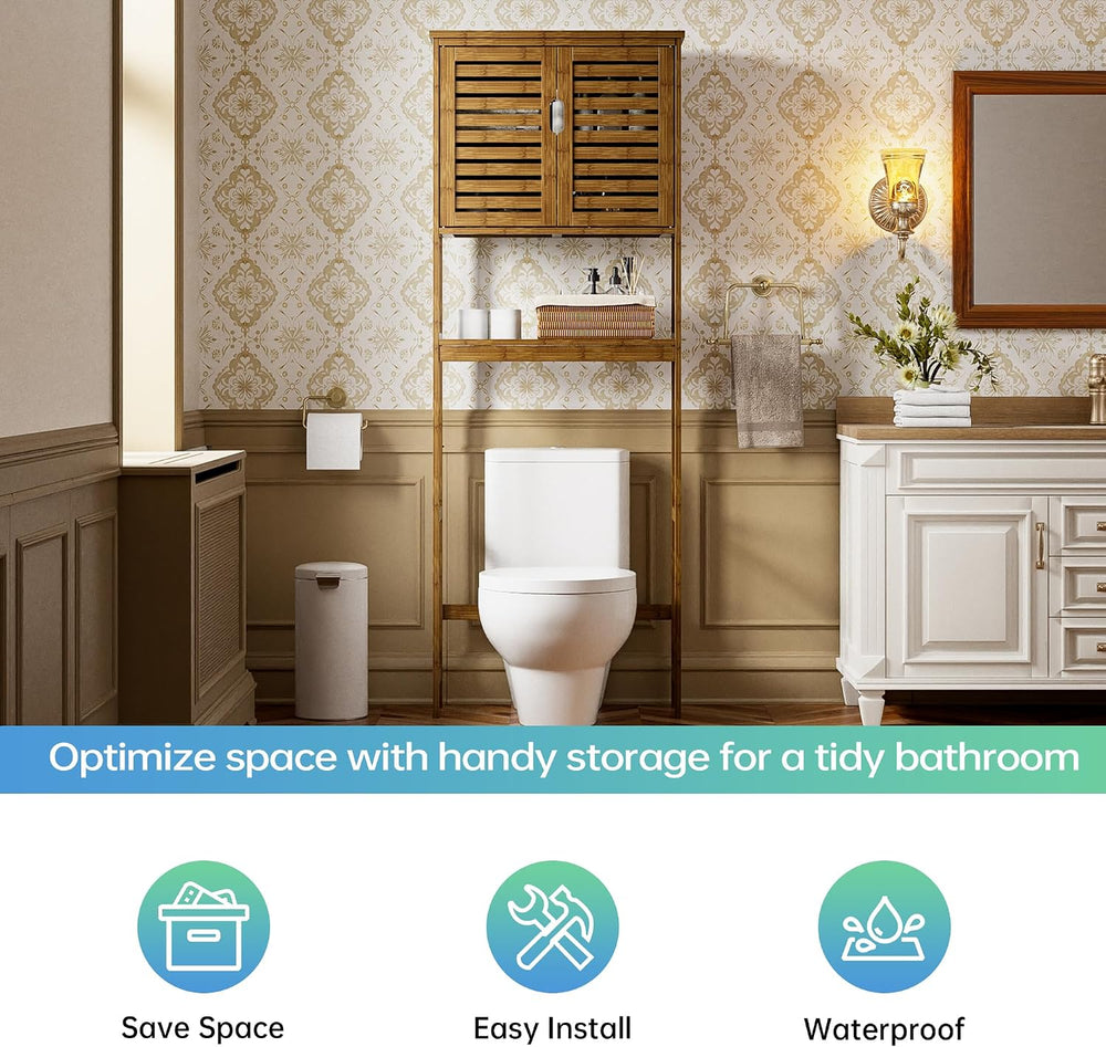 SMIBUY Bathroom Storage Shelf with Cabinet, Bamboo Over-The-Toilet Organizer ...