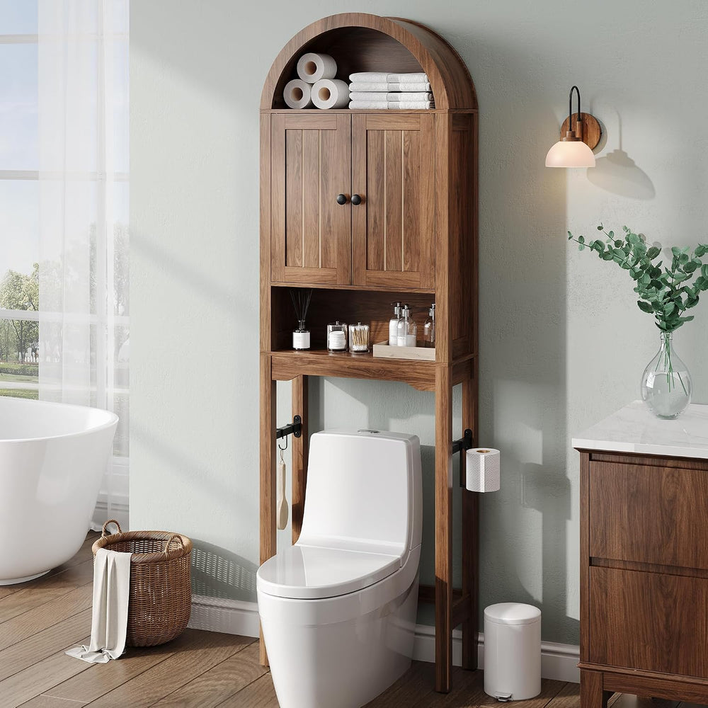 Arched Over the Toilet Storage Cabinet with Fluted Doors, Wood, Walnut