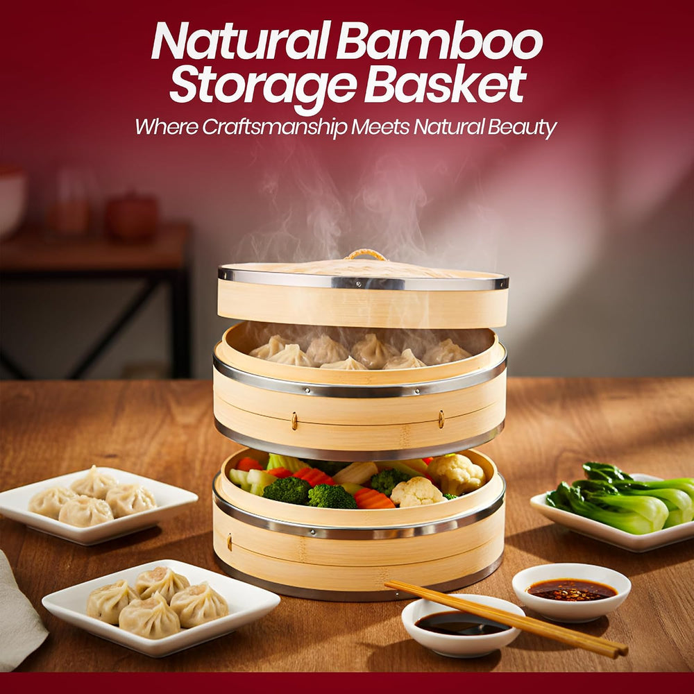 Bamboo Steamer Basket 10 Inch 2 Tier Set for Cooking | Dumpling Steamer Baske...