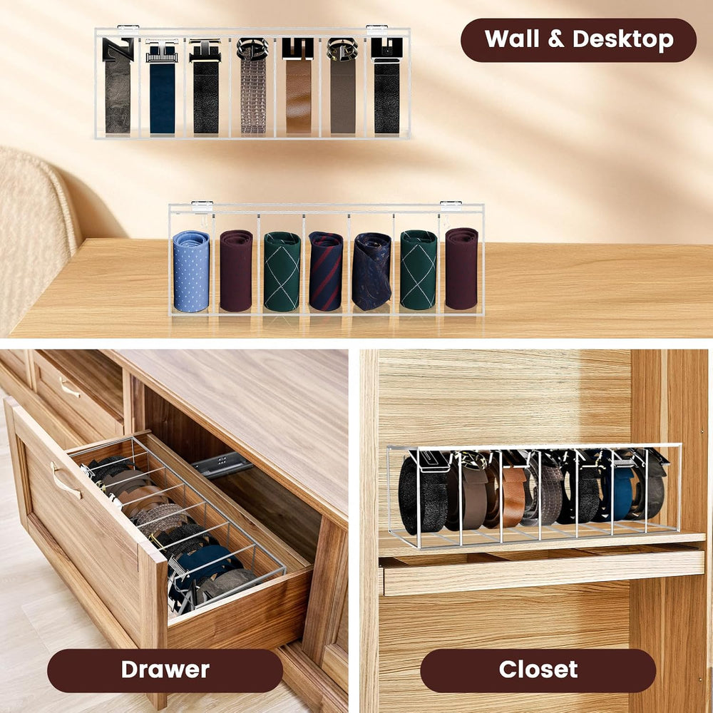 Acrylic Belt Organizer 7-Compartment Clear Storage Case with Flap Cover