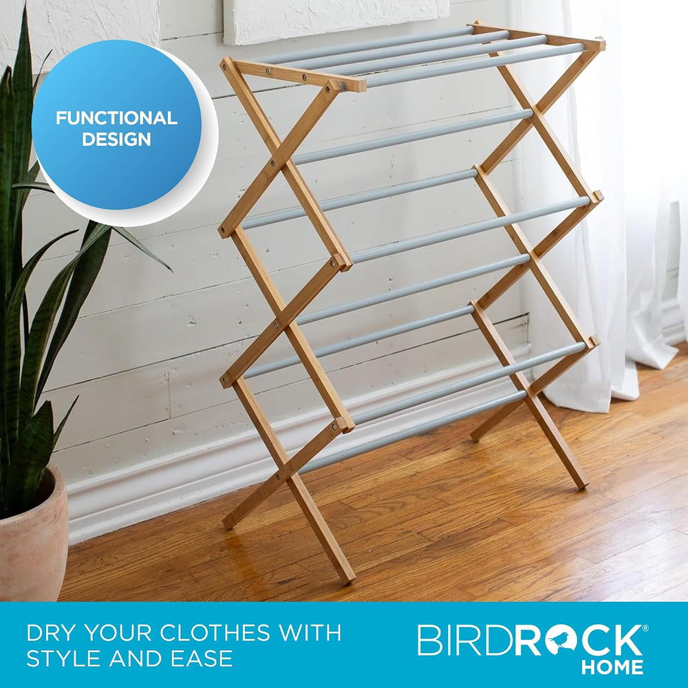 BIRDROCK HOME Wooden Clothes Drying Rack | 3-Tier Foldable Bamboo Laundry Sta...