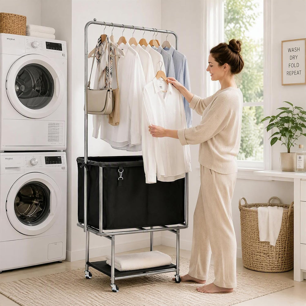 Rolling Laundry Cart 110L With Hanging Bar & Storage Shelf, Black