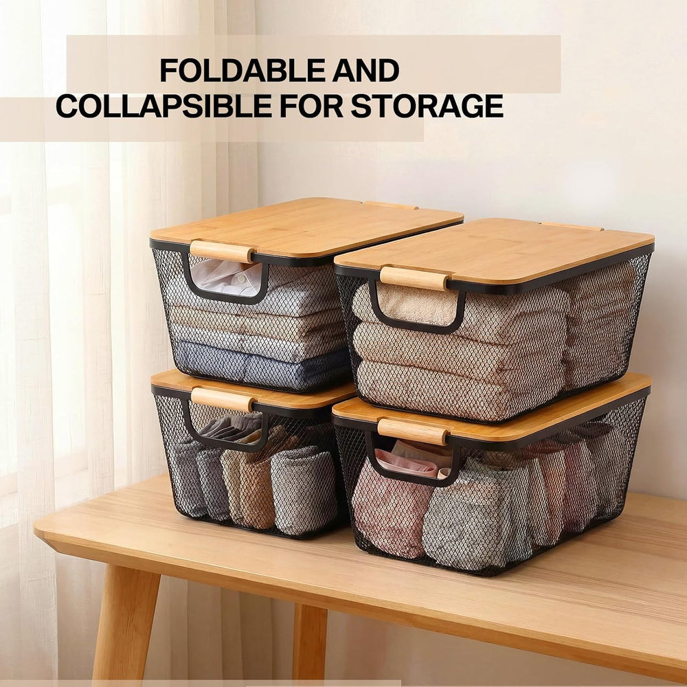 4 Pcs Black Metal Wire Basket with Wooden Handles and Bamboo Lids 14.37"...