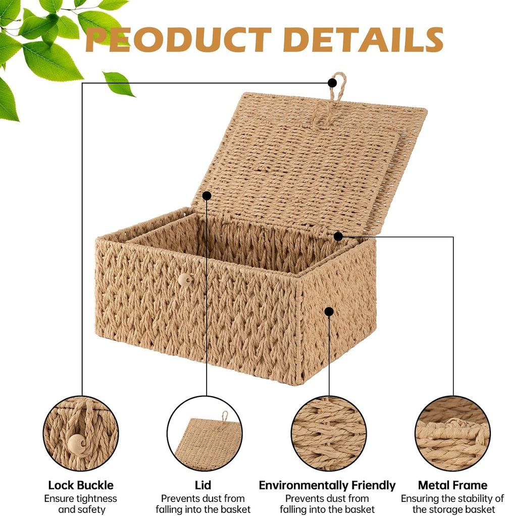 OIAHOMY Wicker Storage Basket with Lid & Lock, Lidded Storage Bins, Decor...