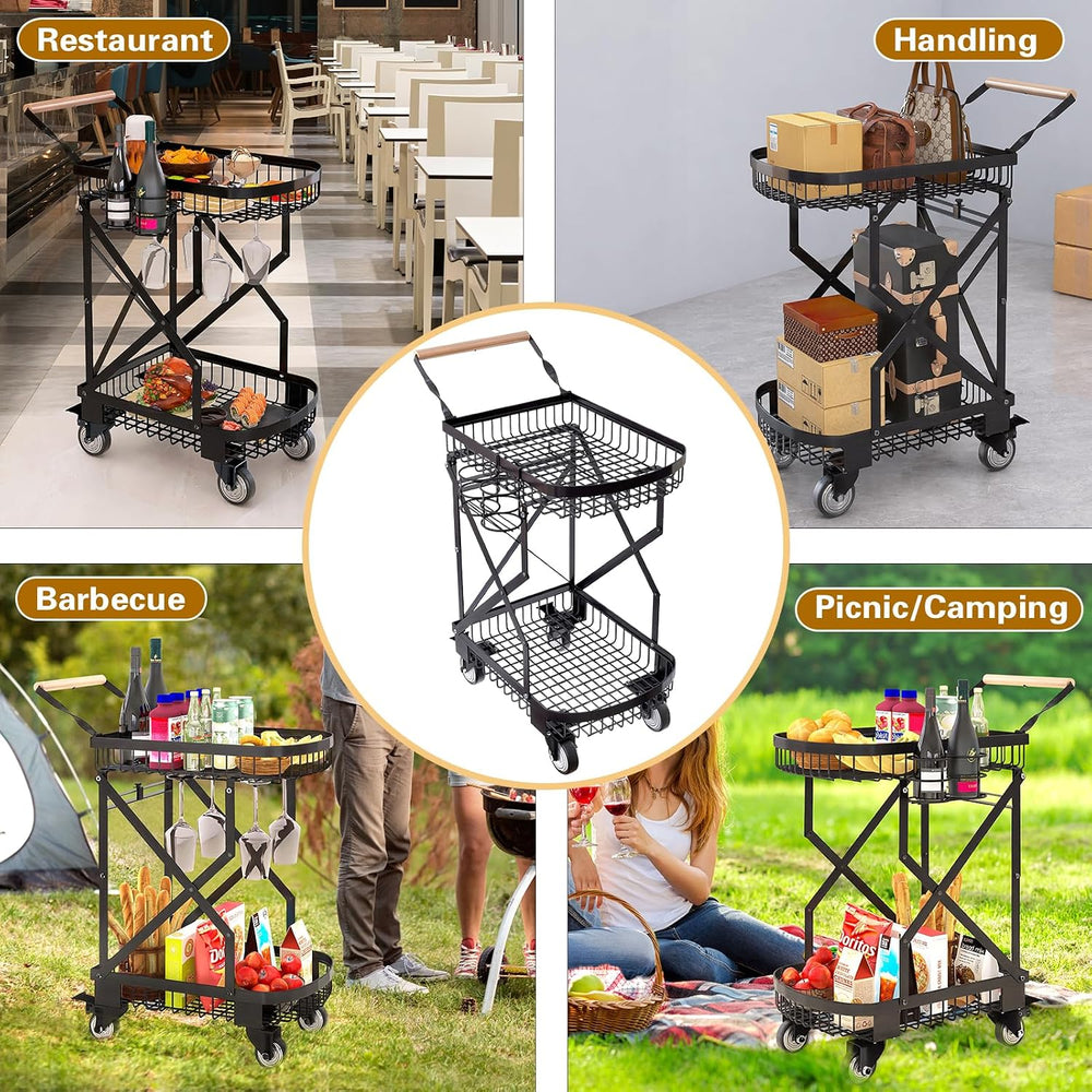 2-Tier Foldable Shopping Cart with Wheels for Groceries, Grocery Store Cart w...