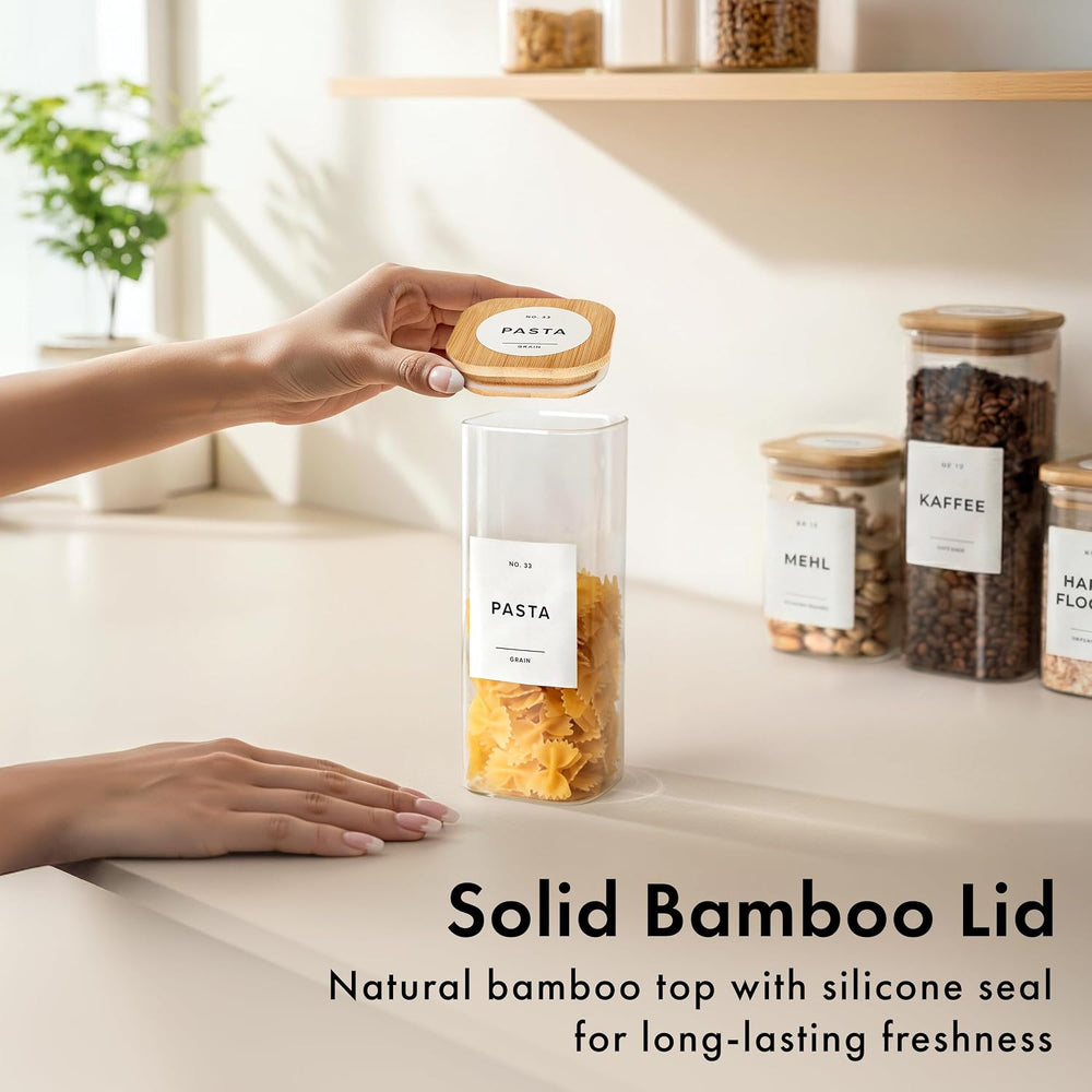 Glass Pantry Storage Jars Containers with Bamboo Lids and Labels