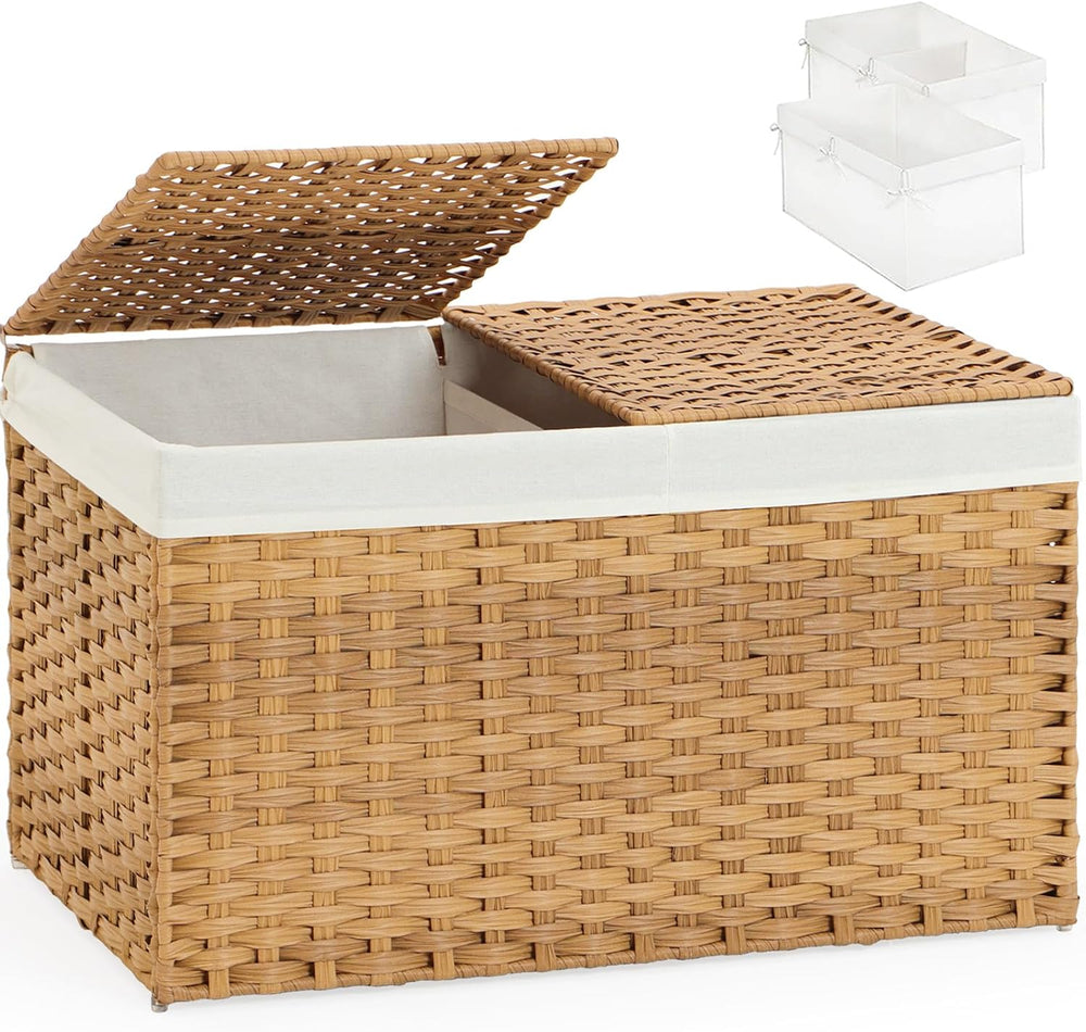 Storage Basket with Lid, 2-Lid PE Rattan Storage Bin, Natural