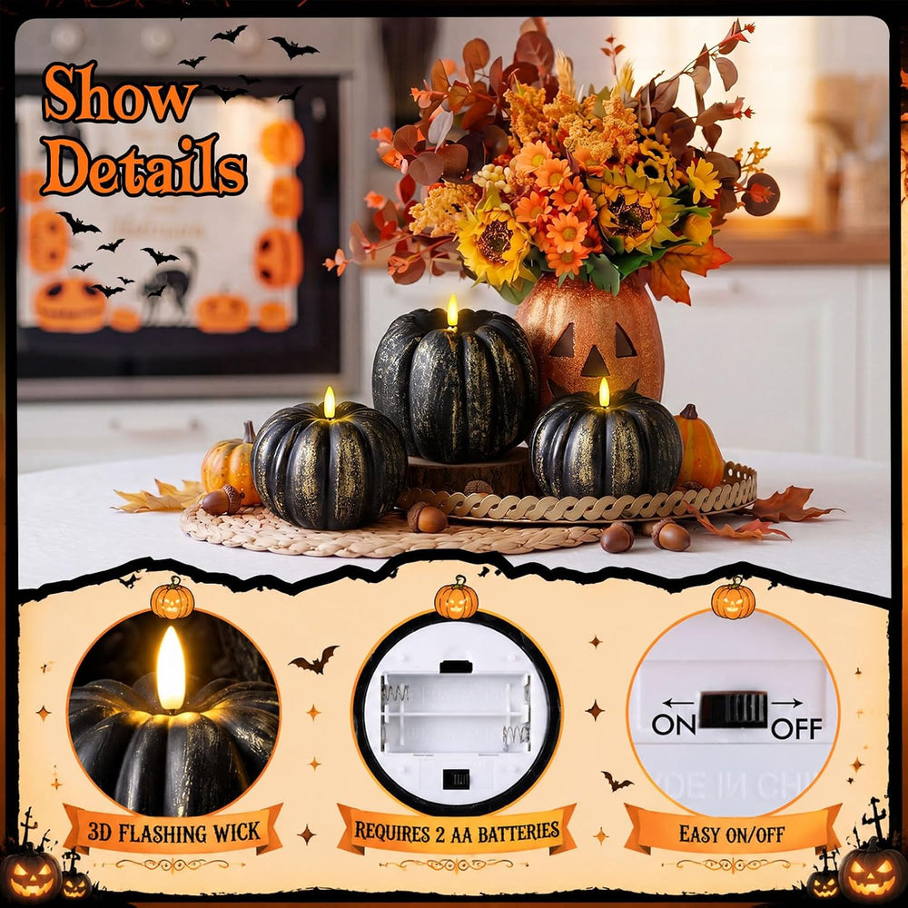 3 Pcs Halloween Flameless Pumpkin Candles with Timer Remote