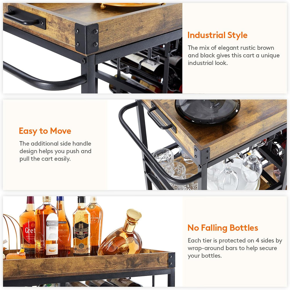 Lifewit 3 Tier Bar Cart with 12 Wine Racks, Serving Trolley, Rustic Brown