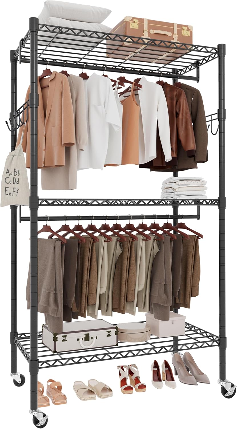 Whitmor 3 Tier Rolling Garment Rack, Heavy Duty Adjustable Metal Clothing Rac...
