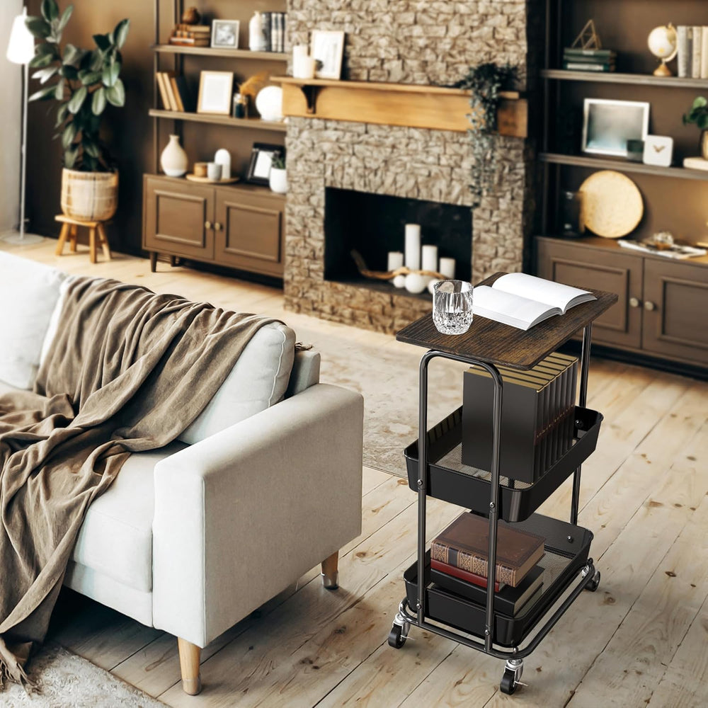 Simple Houseware 2-Tier Utility Cart Wood Top/Lockable Wheel, Rustic Brown