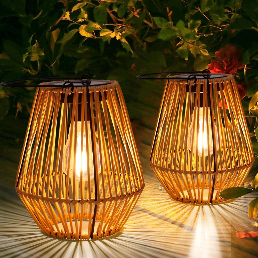 Livinlarge Solar Lanterns Outdoor Waterproof,Wicker Solar Lantern 2 Pack |