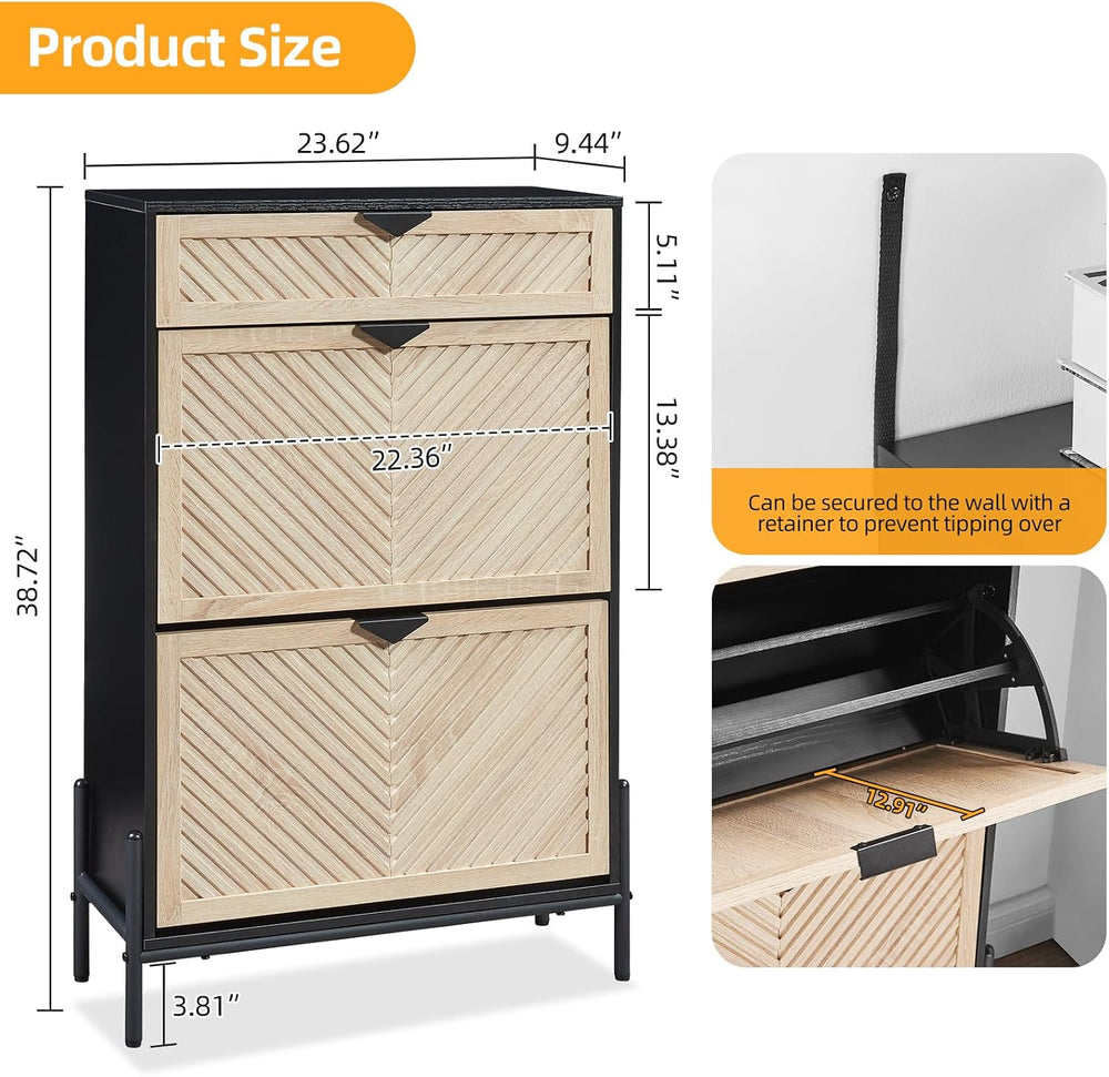 Shoe Cabinet with 2 Flip Drawers, Narrow Entryway Rack, Oak&Black