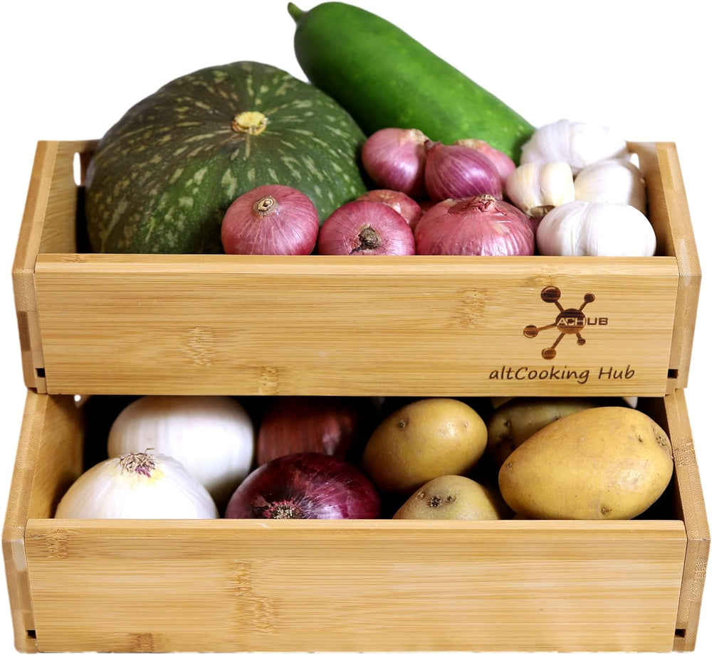 Bamboo Open-Front Stacking Storage Bin -Configurable as 2-Tier Fruit Basket