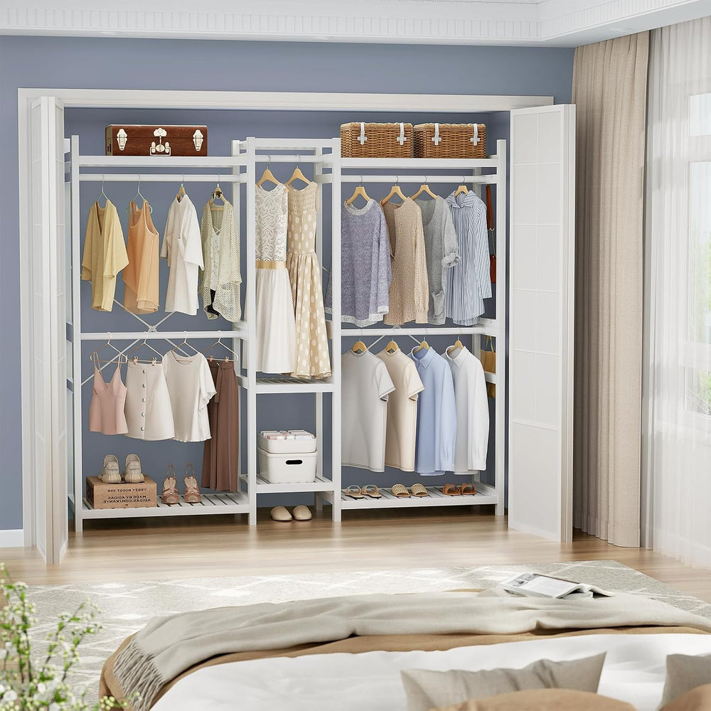 Homykic Bamboo Clothing Rack with 7 Shelves, 5 Hang Rods, 70” Wide, White
