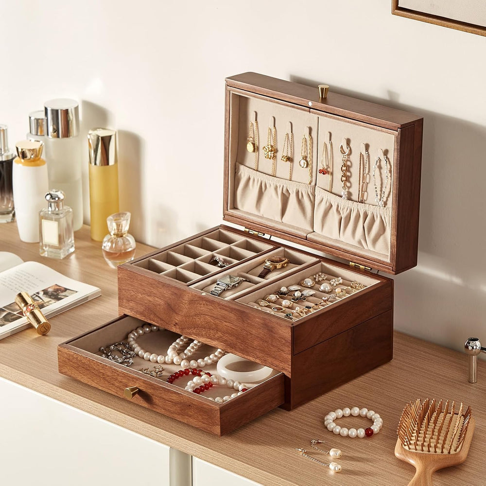 CHOSIN Black Walnut Wooden Jewelry Box for Women, 3 Level Multi-functional Dr...