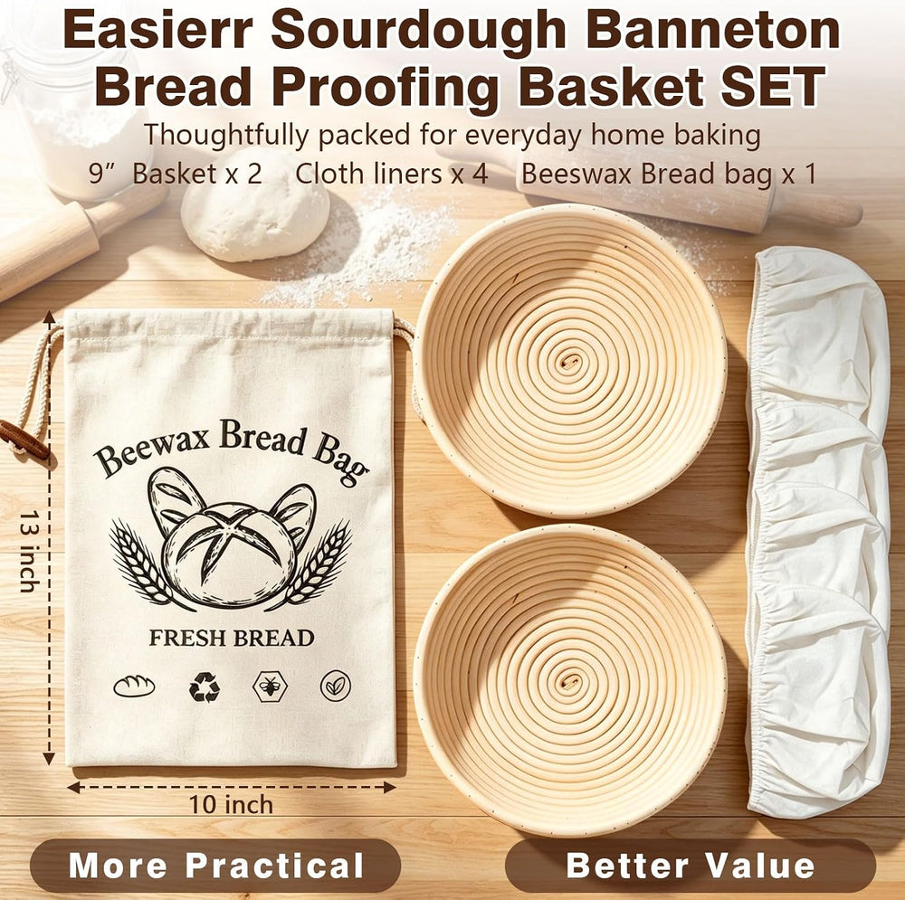 2-Pack Banneton Bread Proofing Basket with Beeswax Bread Bag & 4pcs liners