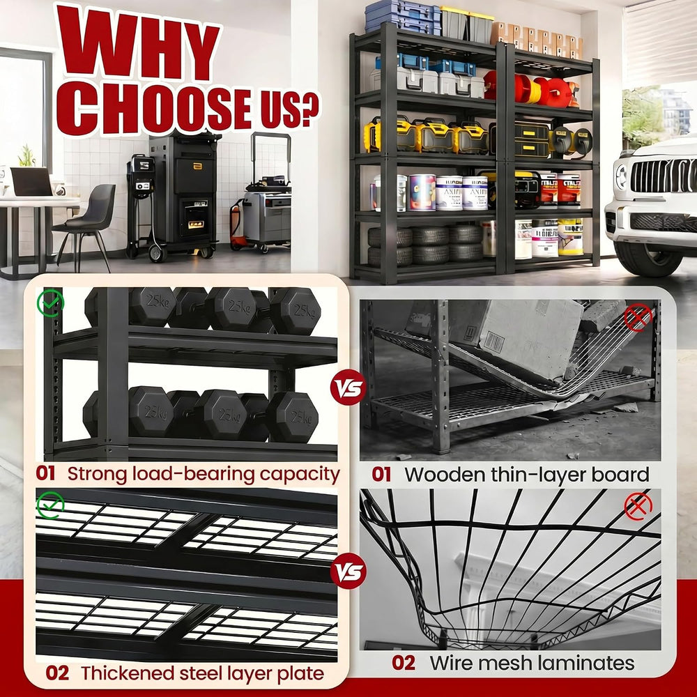72" H Heavy Duty Garage Shelving, Metal Storage Shelves, 5 Tier Adjustab...