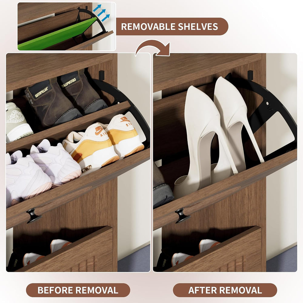 Shoe Cabinet with Bench, 4‑Flip Drawer Fluted Shoe Storage Cabinet with Remov...