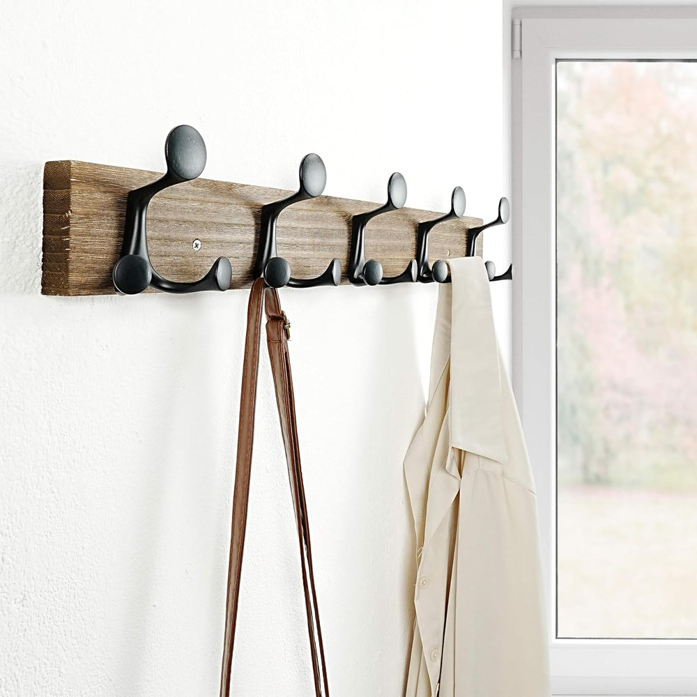 SKOLOO 24-Inch Wood Burnt Coat Rack Wall Mount with 5 Triple Hooks - Ideal fo...
