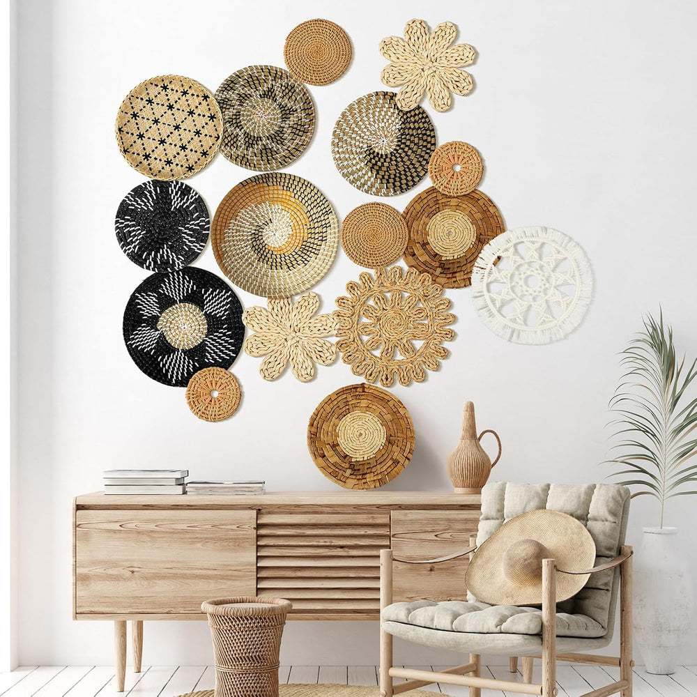 Xuhal 15 Pcs Boho Wall Basket Decor Handcrafted Seagrass Woven Wall Basket Ru...