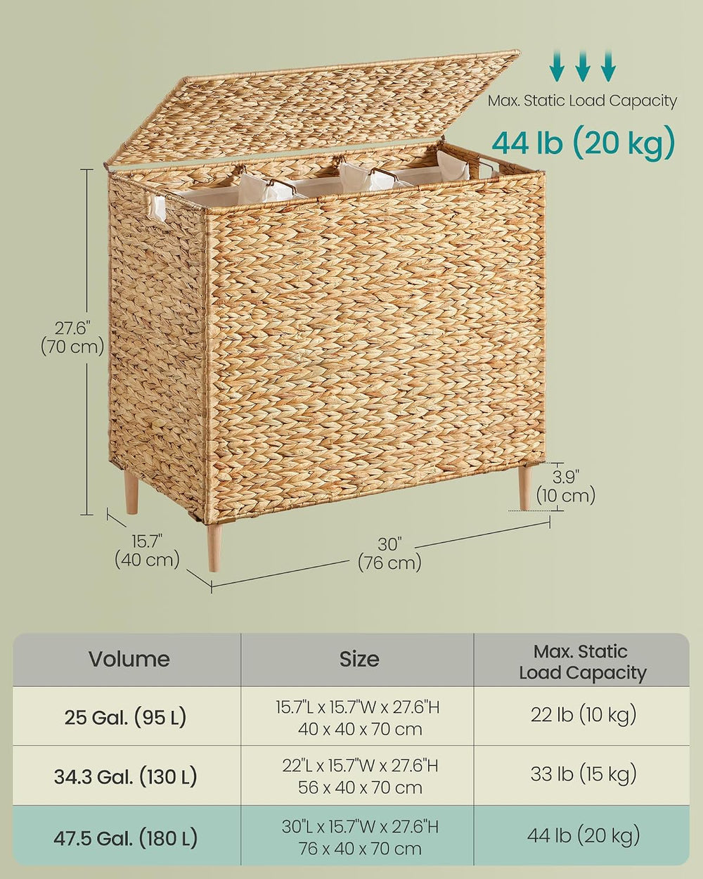 SONGMICS Laundry Hamper With Lid, 180 L Wicker Handwoven Water Hyacinth
