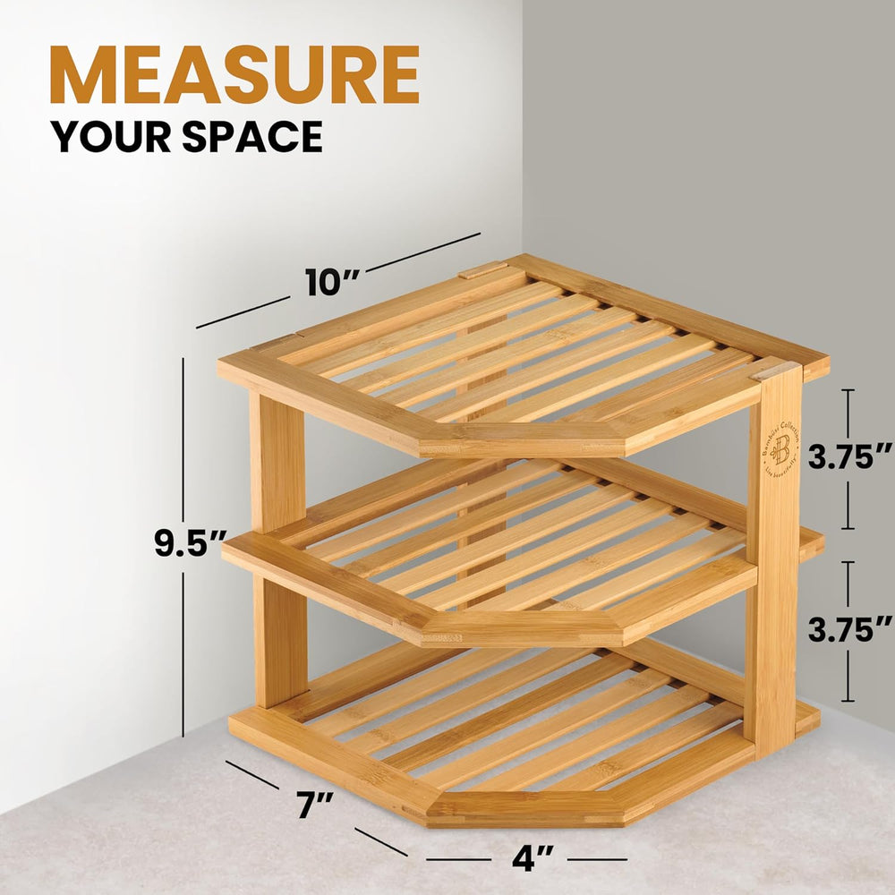 2 Pack Plate Organizer for Cabinet, 3-Tier Bamboo Corner Shelf Rise