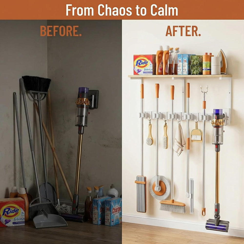 Upgraded Broom Holder Wall Mount with Shelf, Mop and Broom Organizer Wall Han...