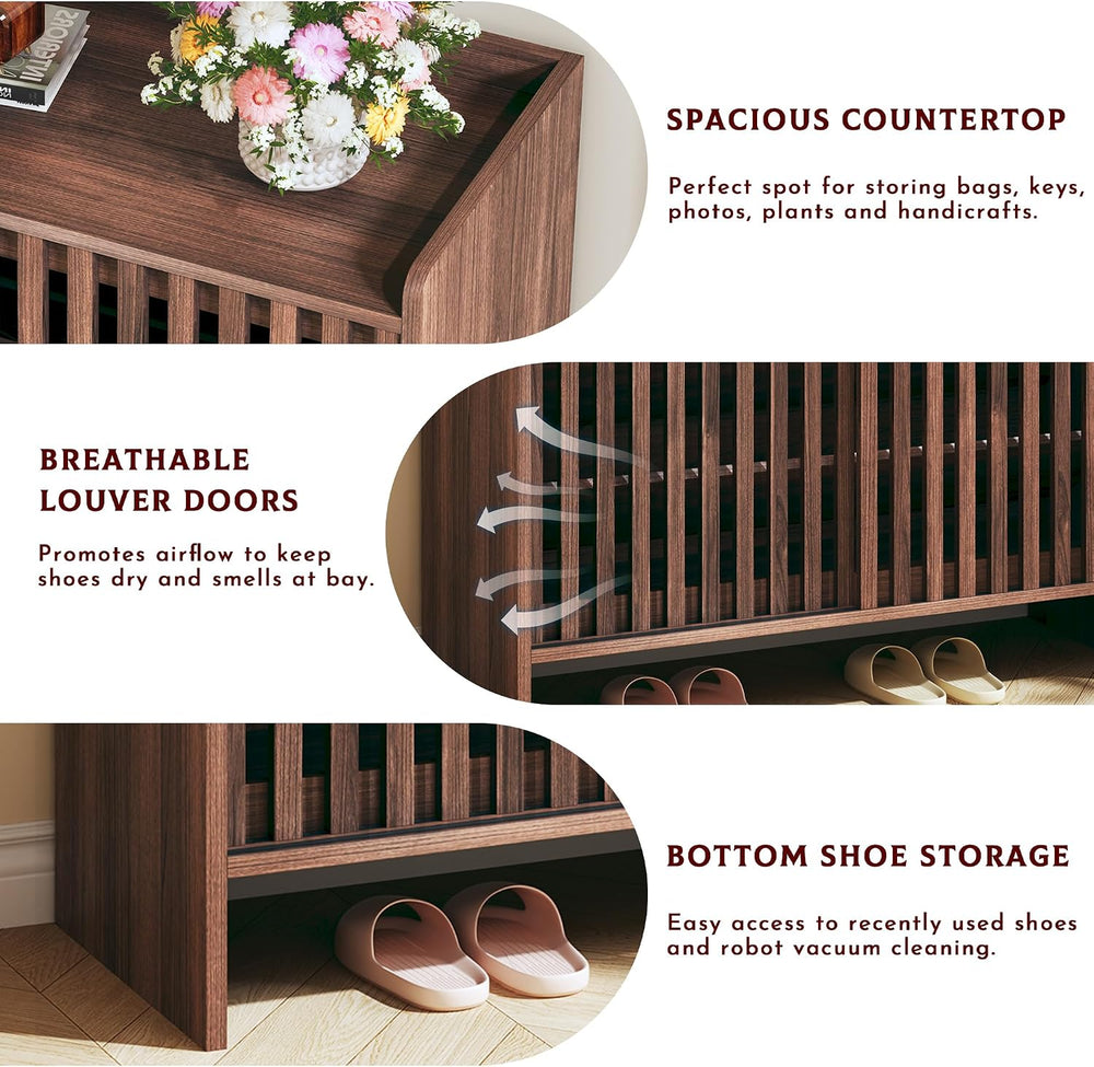 HUAHUU Shoe Cabinet with Sliding Slatted Doors, 5-Tier Shoe Storage Cabinet w...