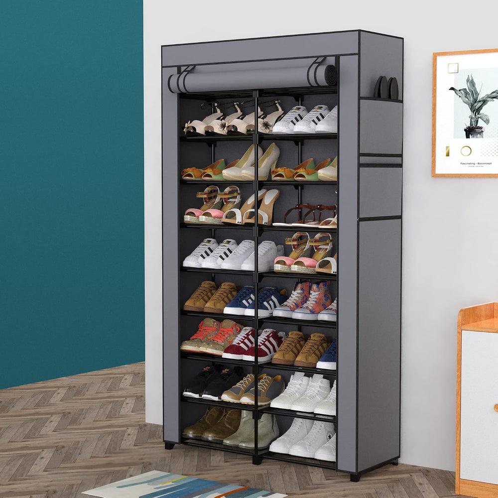 9-Tier Tall Black Shoe Rack, 36-40 Pairs with Gray Cover