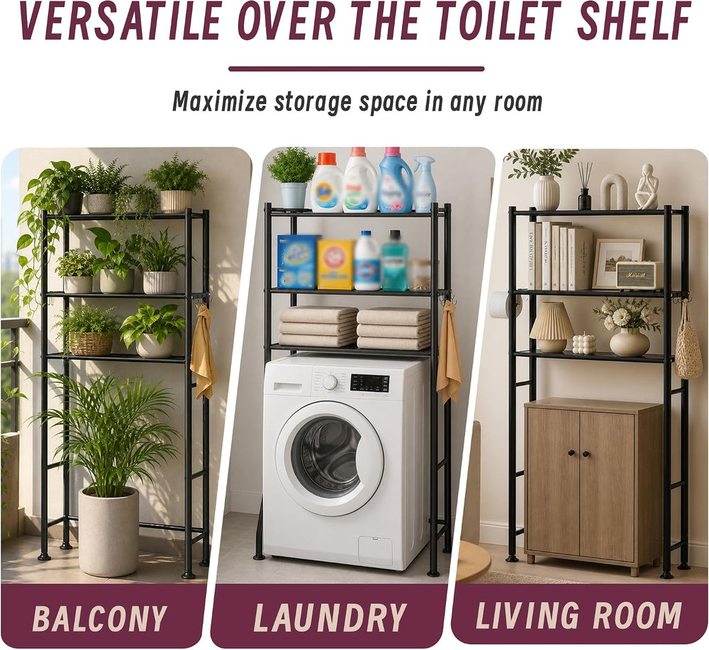 3-Tier Over The Toilet Storage Cabinet with Paper Holder and 4 Hooks, Metal O...