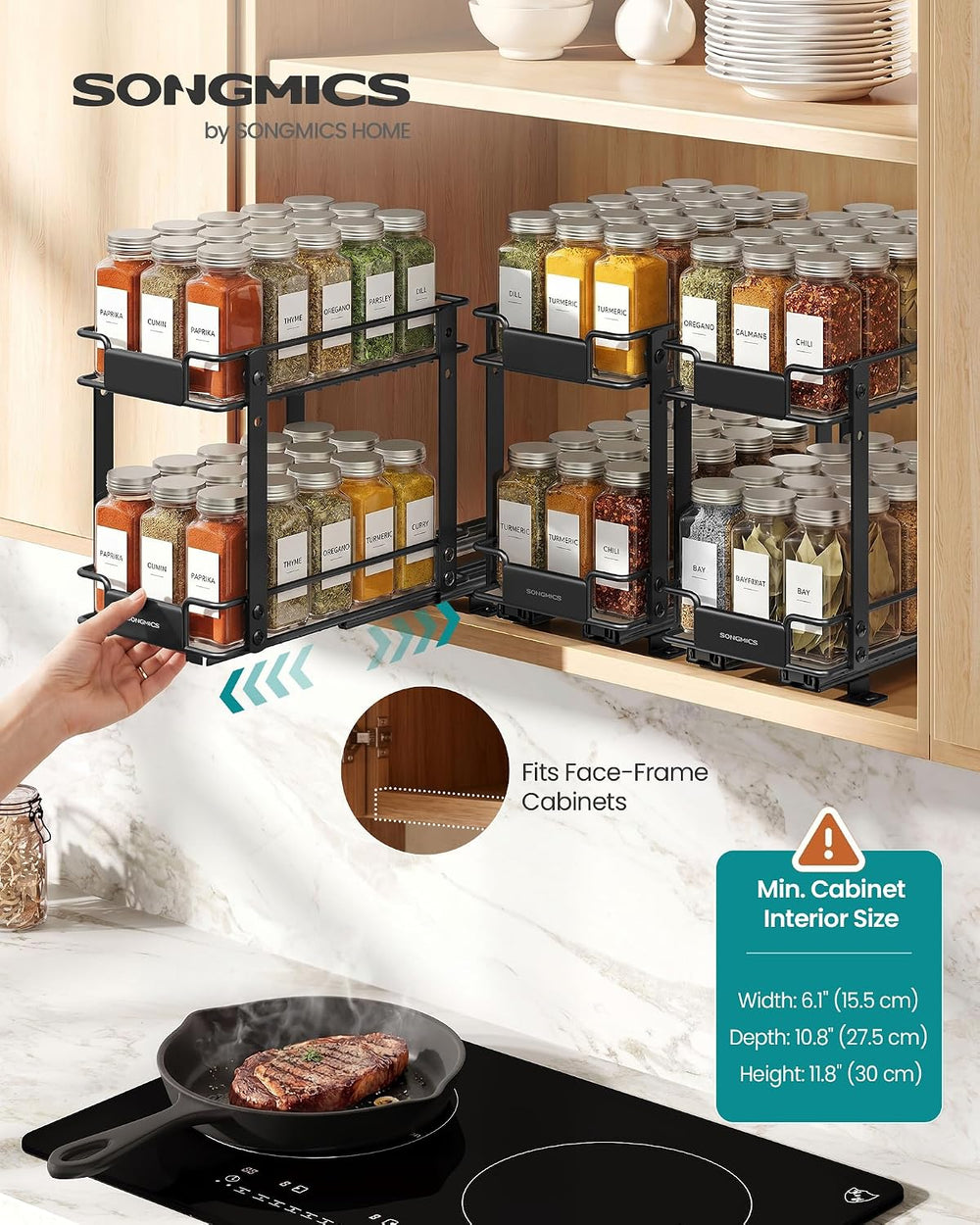 SONGMICS Spice Rack Organizer for Cabinet, Pull Out 2 Tier Thick Steel