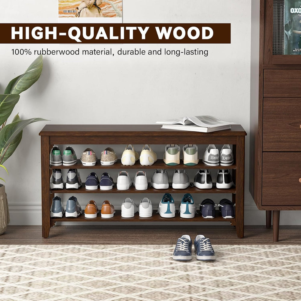 Taitiy Shoe Bench with 3 Tier Adjustable Shelves Rubberwood Entryway 47.2'...