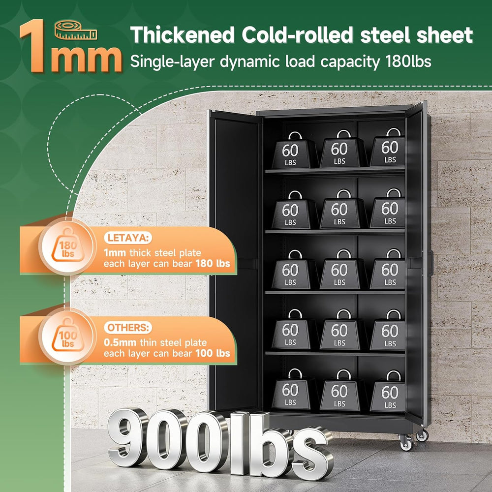 Letaya Metal Garage Storage Cabinet with Wheels,71" Black Tool Steel Locker