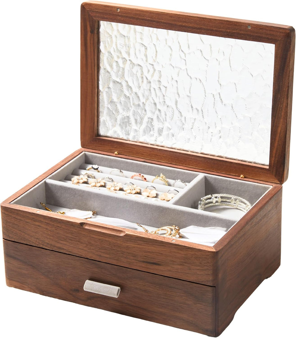 Wooden Jewelry Box, 2-Layer Organizer with Drawer, ek06-b-walnut