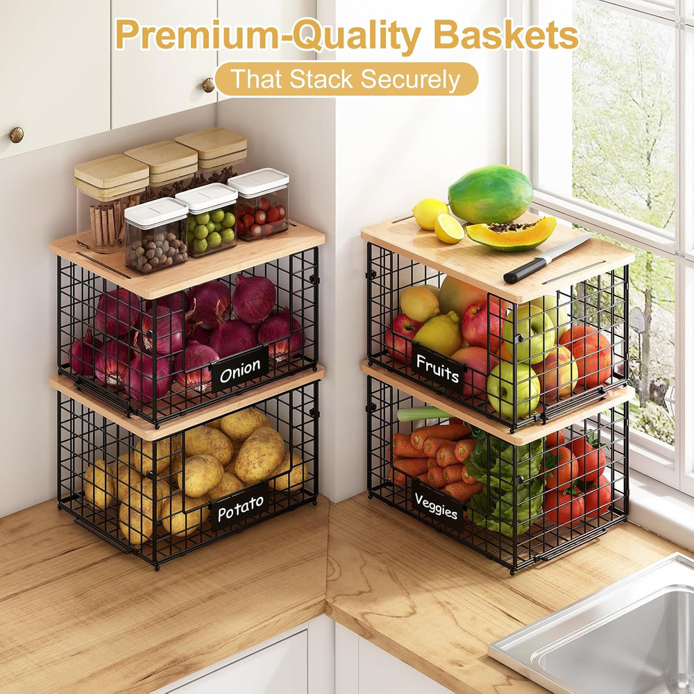 2-Pack Stackable Wire Baskets with 2 Pads & Bamboo Top, Pantry Organizer