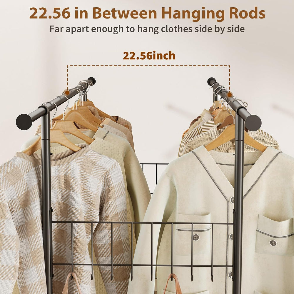 Double Rods Clothes Rack with Wheels, Heavy Duty Rolling Clothing Rack with S...