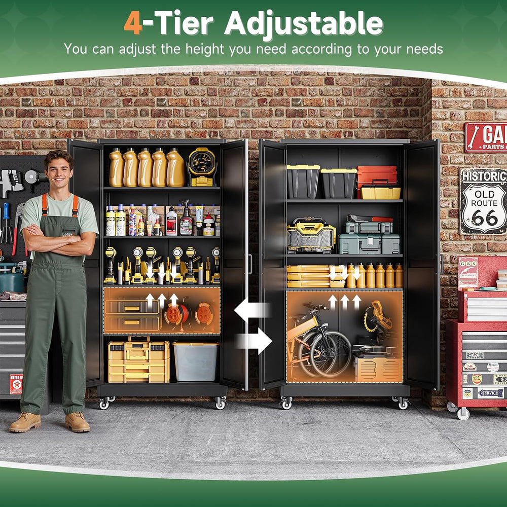 Letaya Metal Garage Storage Cabinet with Wheels,71" Black Tool Steel Locker