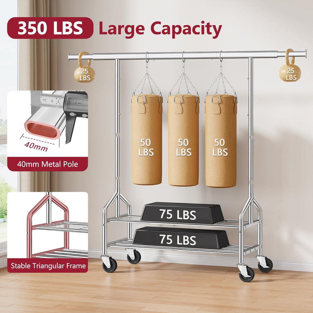 Tajsoon Clothes Rack with 2 Shelves, Heavy Duty Load 350 LBS, Chrome