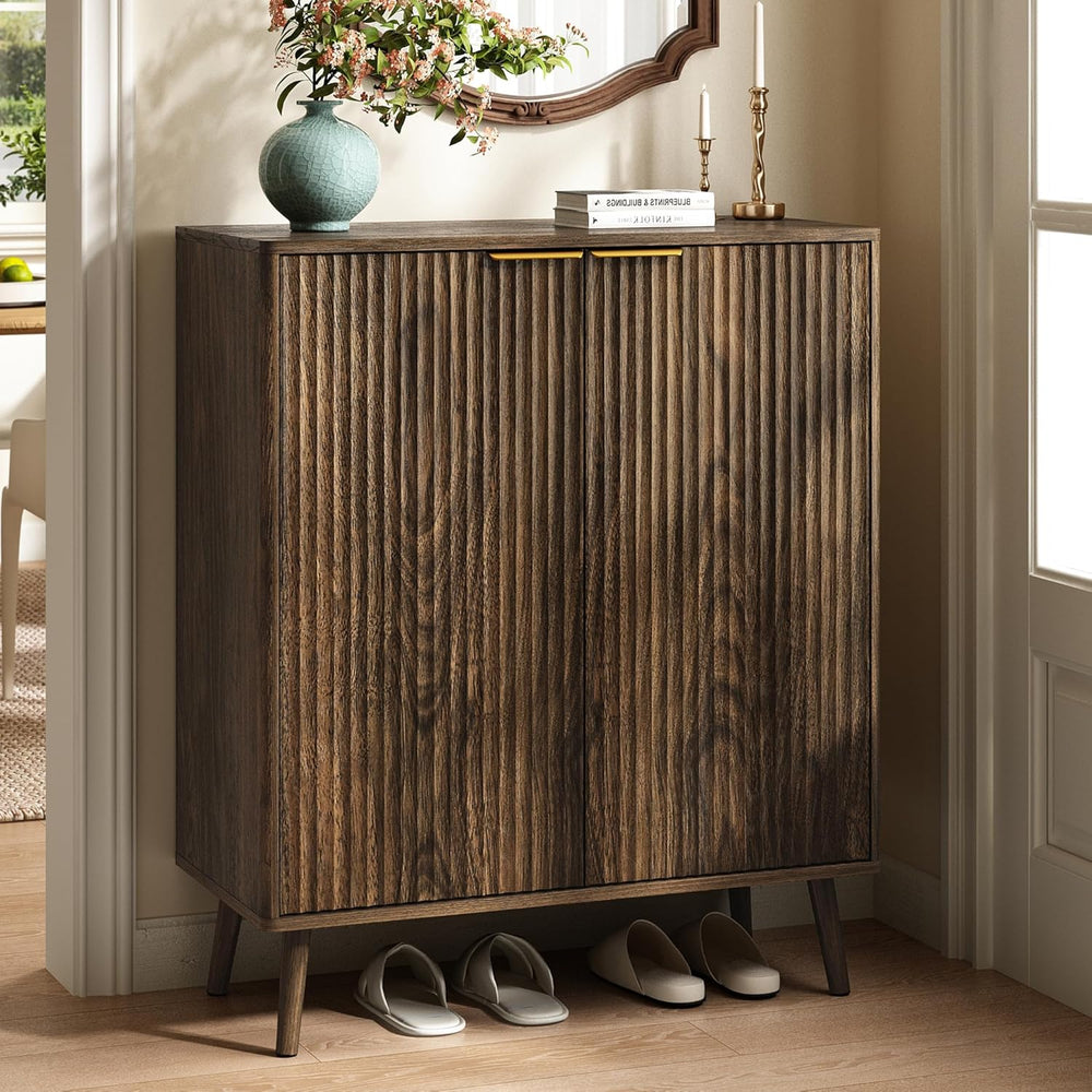 5-Tier Shoe Storage Cabinet with Adjustable Shelves, Walnut丨Fluted Shoe Cabin...