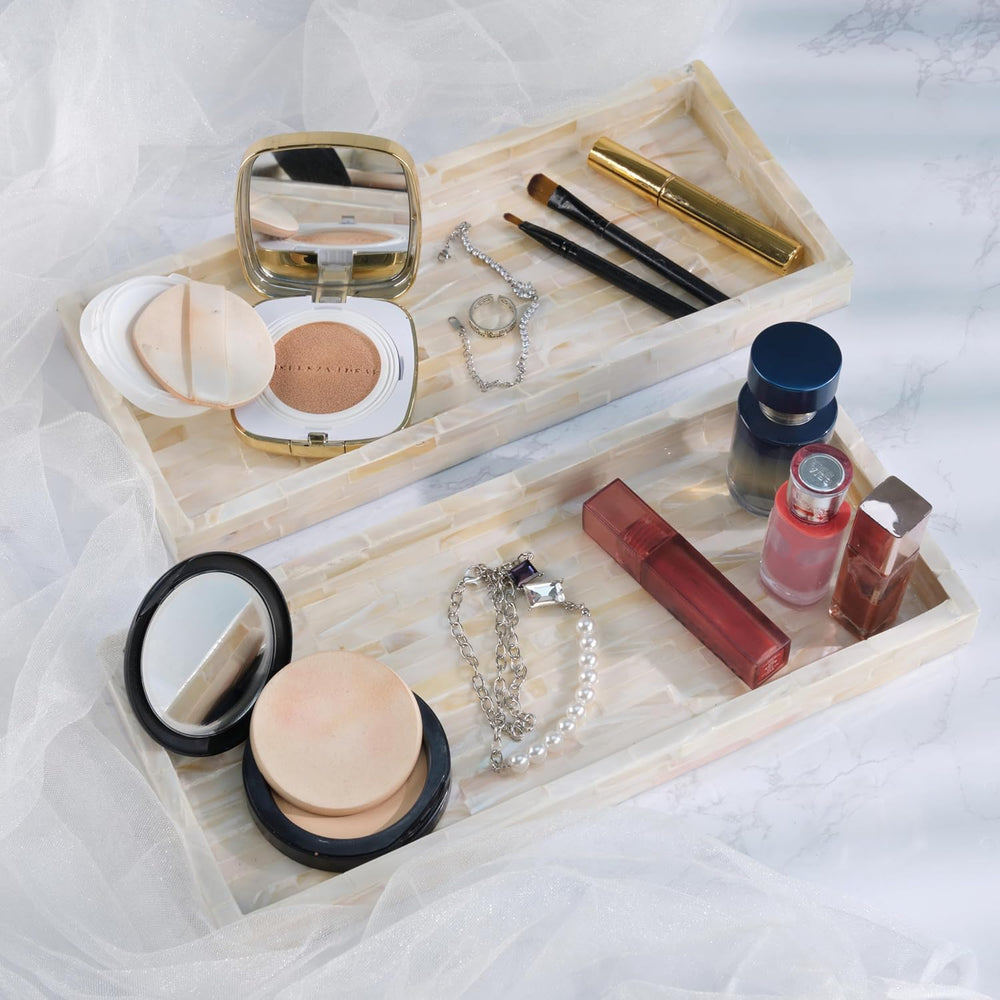 PEMAR Set of 2 Mother of Pearl Bathroom Tray for Counter, 11" Wooden Van...