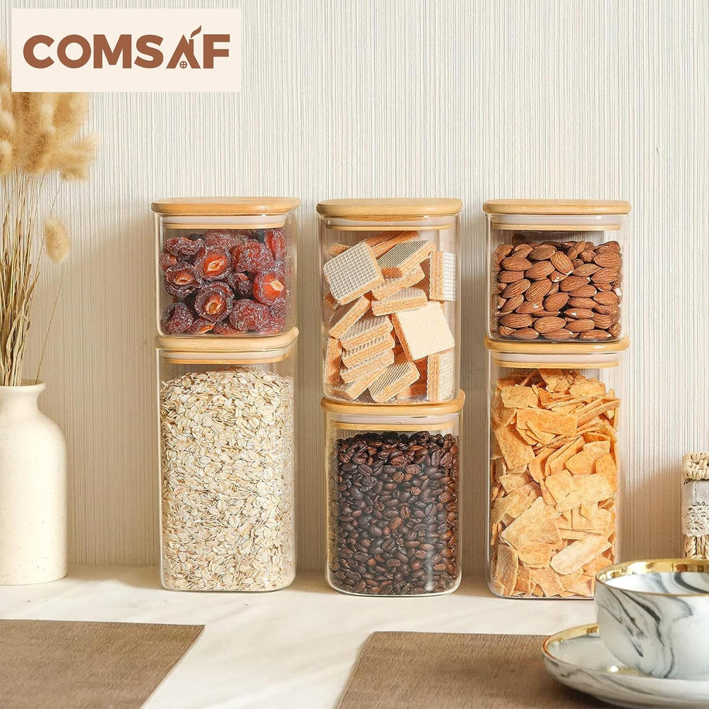 ComSaf Glass Pantry Storage Containers (0.7Qt/1.2Qt/1.6Qt) Set of 6, Square