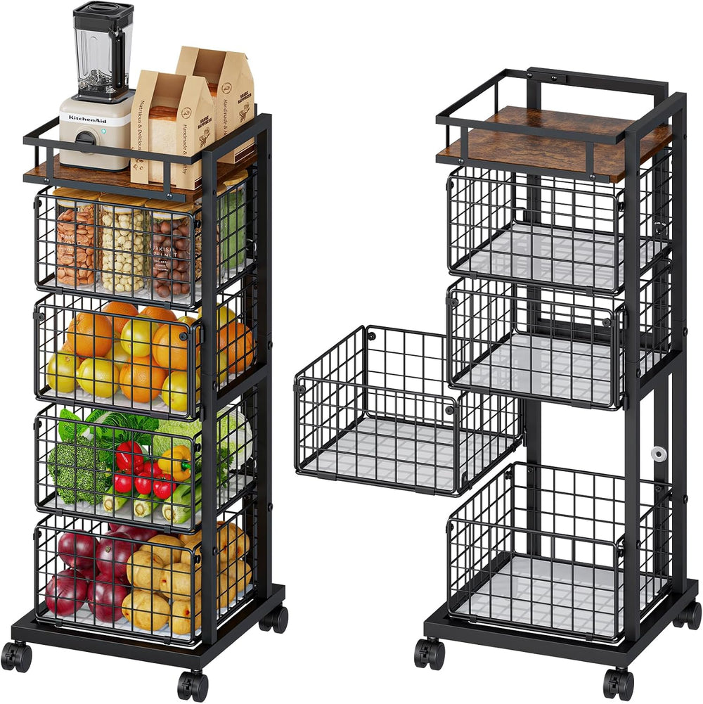 4-Tier Kitchen Storage Cart, Rotating Fruit Vegetable Storage Cart, Rolling K...