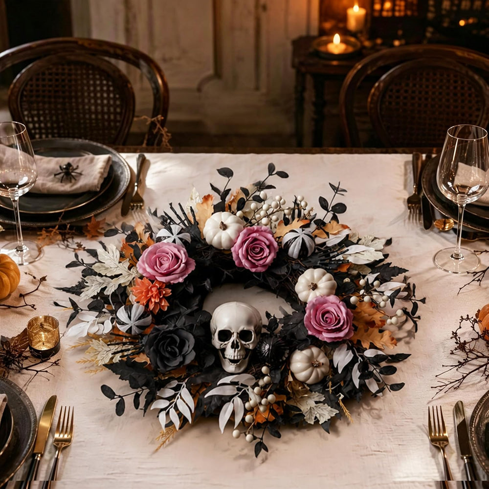 24'' Halloween Wreath for Front Door with Lights, Skeleton Skull