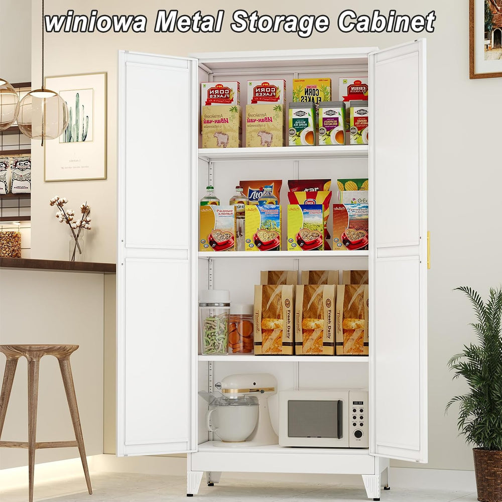 winiowa White Metal Kitchen Pantry Storage Cabinet with Doors and Shelves