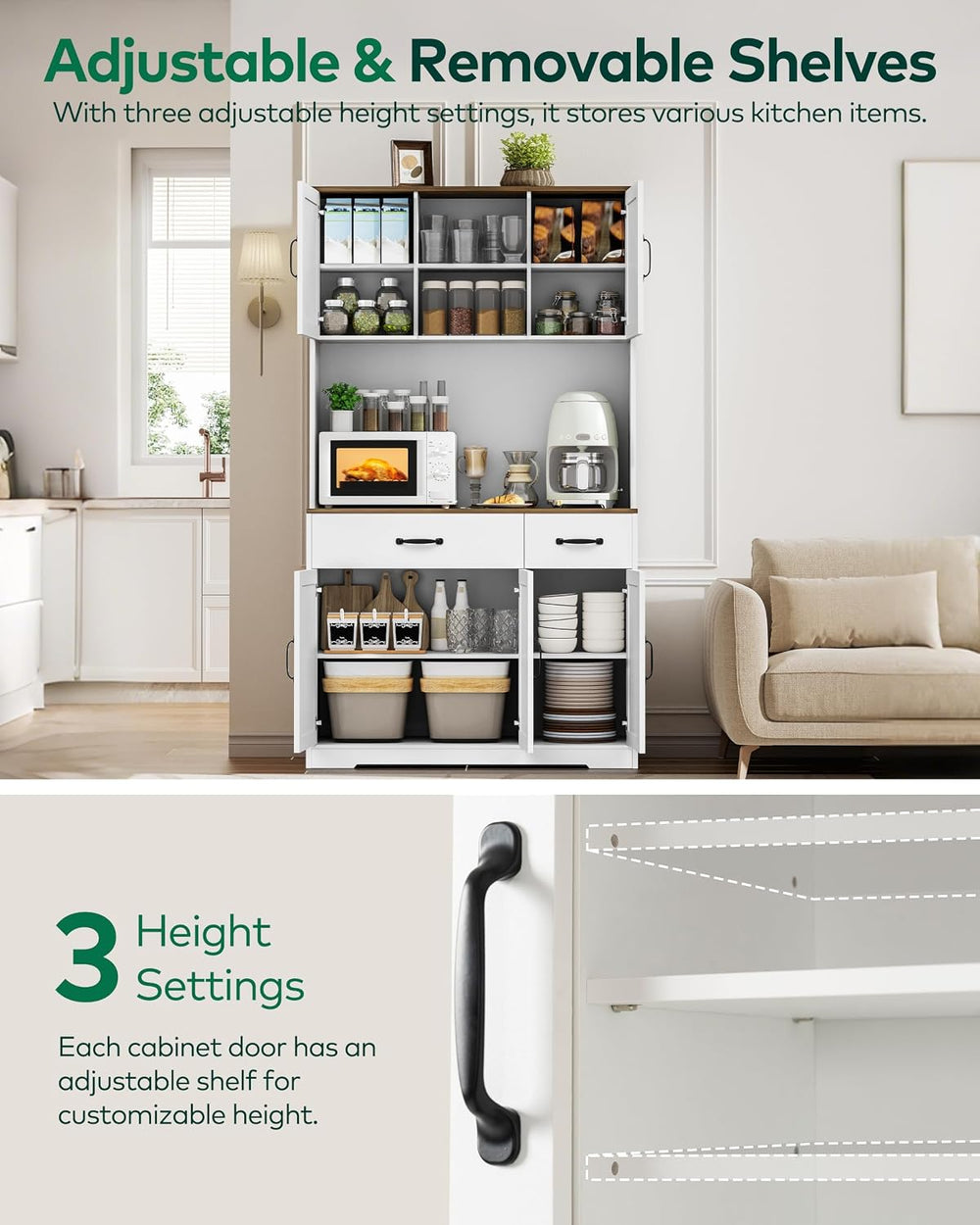 67" Tall Pantry Cabinet with Charging Station, Farmhouse Kitchen Storage...