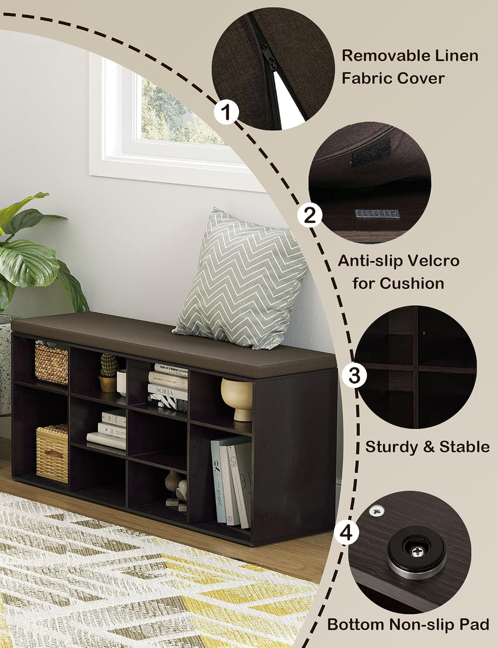DINZI LVJ Shoe Storage Bench with Cushion, 40.9" Cubby Shoe Rack, 12-Cubby