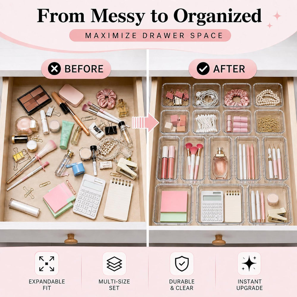 Adjustable Clear Drawer Storage Organizer, 16 Pack 3 Sizes Expandable Plastic...
